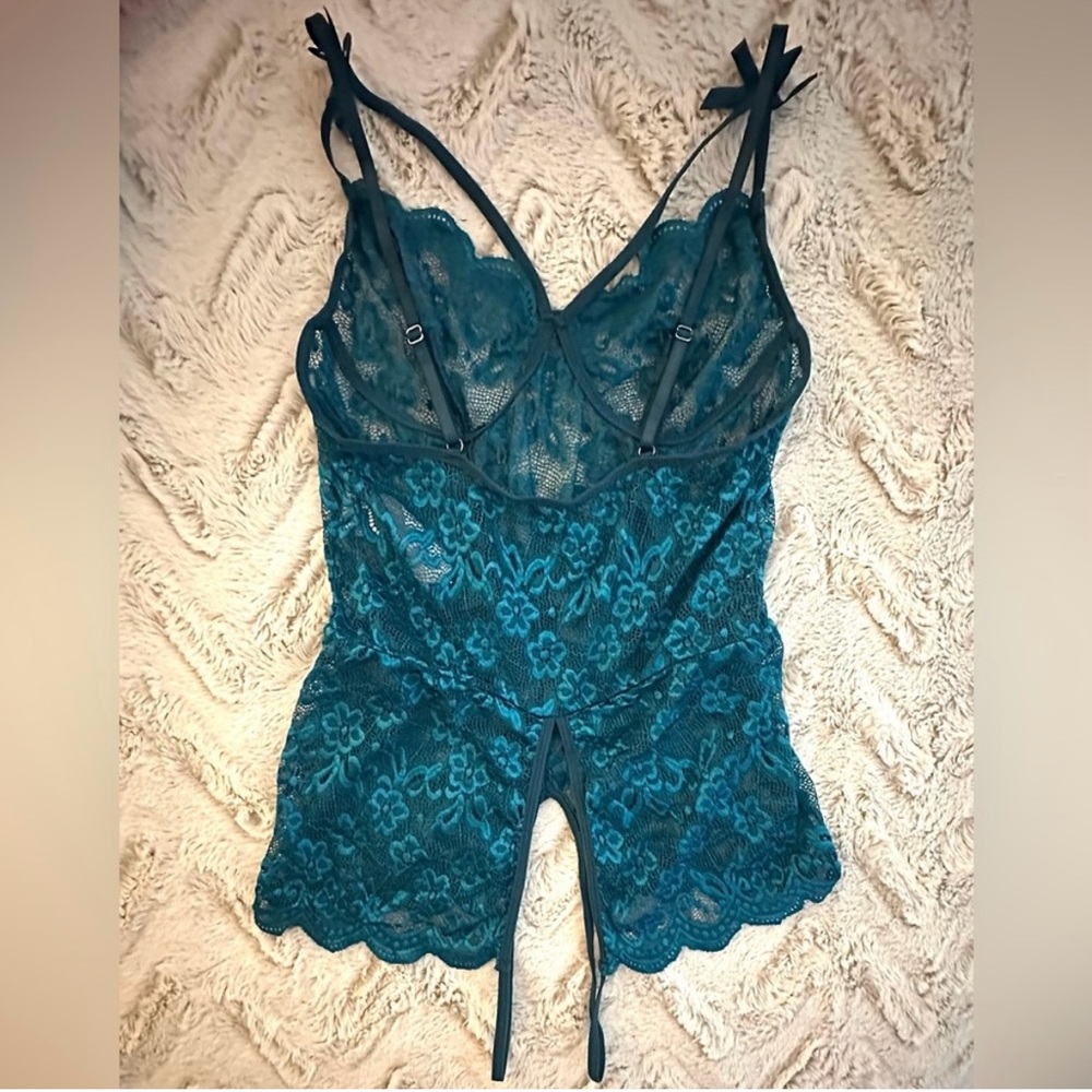 Women’s Sexy Teal Blue Lace One Piece Lingerie Bodysuit With Bows Size Small - Picture 3 of 6